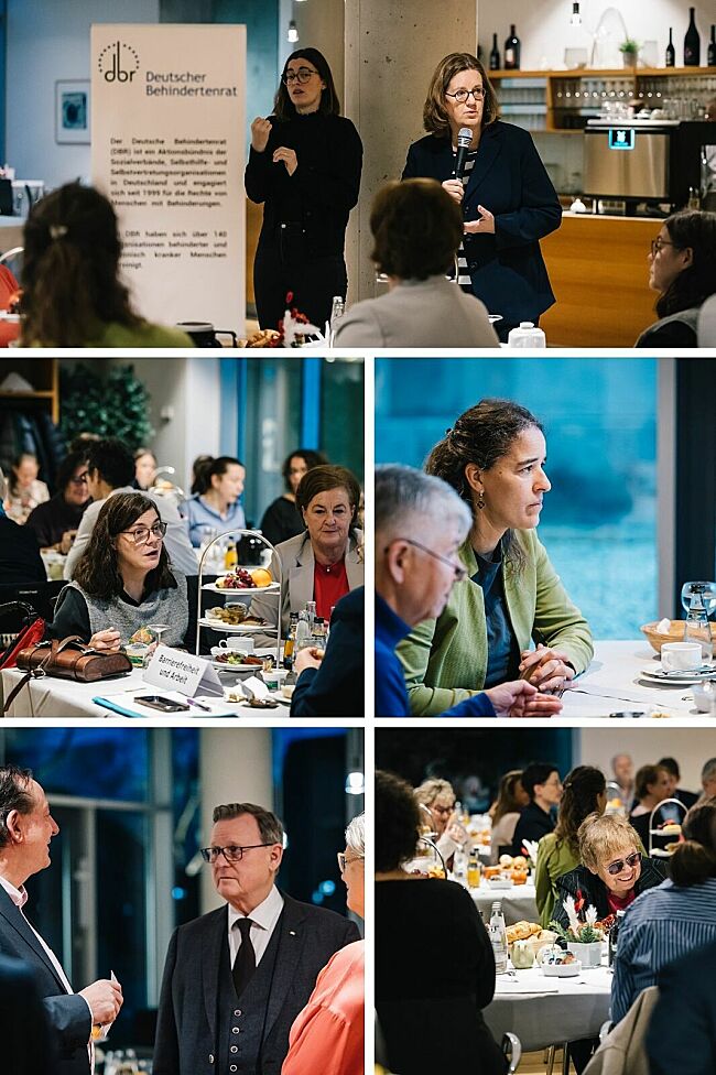 Diese Collage enthält fünf Bilder. Oben ist ein Bild von Staatssekretärin Kerstin Griese bei ihrem Grußwort. Darunter sind zwei Bilder von den Menschen beim parlamentarischen Frühstück, darunter rechts Heike Heubach. Darunter sind nochmal zwei Bilder von