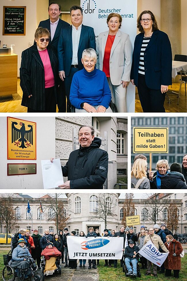 Die Collage zeigt vier Bilder. Oben ist ein Gruppenfoto vom parlamentarischen Frühstück mit dem Sprecherinnenrat des DBR, DBR-Arbeitsausschuss-Koordinator Dr. Martin Danner, Jürgen Dusel, dem Beauftragten der Bundesregierung für die Belange von Menschen m