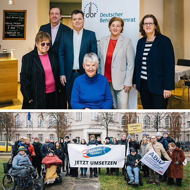 Die Collage zeigt zwei Bilder. Oben ist ein Foto vom Sprecherinnenrat und Jürgen Dusel, Bundesbehindertenbeauftragter, Dr. Martin Danner, Koordinator des DBR-Arbeitsausschusses und Kerstin Griese, parlamentarische Staatssekretärin und Schirmherrin des par