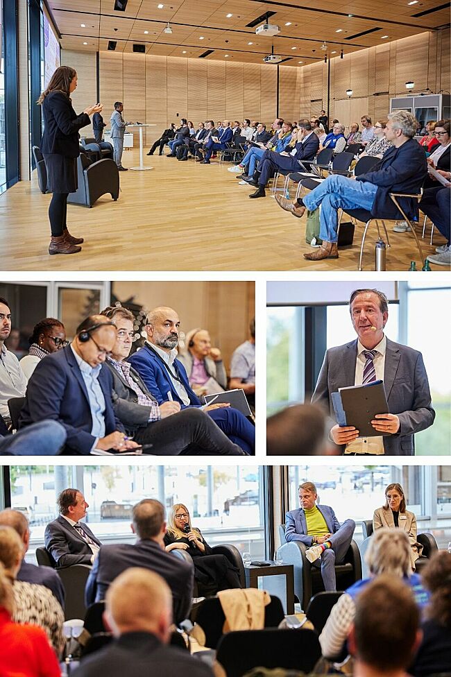 Das Bild zeigt eine Collage aus mehreren Fotos vom Side Events. Darauf sind einzelne Personen, sowei der Saal und ein Panel mit mehreren Teilnehmenden zu sehen.