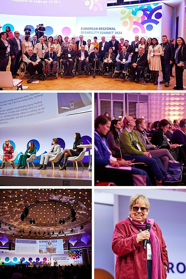 Das Bild zeigt eine Collage aus mehreren Fotos vom Regionalgipfel, darunter ein Gruppenfoto vieler Teilnehmenrder, Fotos von einem Panel, dem Publikum und von Hannelore Loskill, seinerzeit Sprecherinnenratsvorsitzende des DBR